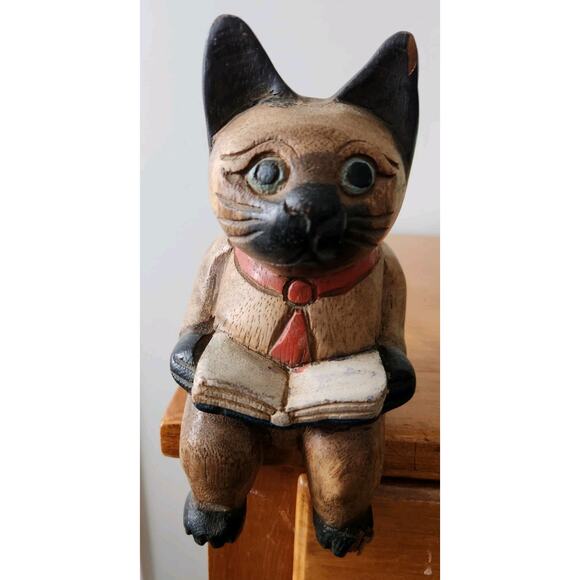 Vintage Folk Art Cat w/ Book & Red Tie Handmade Wooden Whimsical Shelf Sitter 7" - Picture 4 of 11